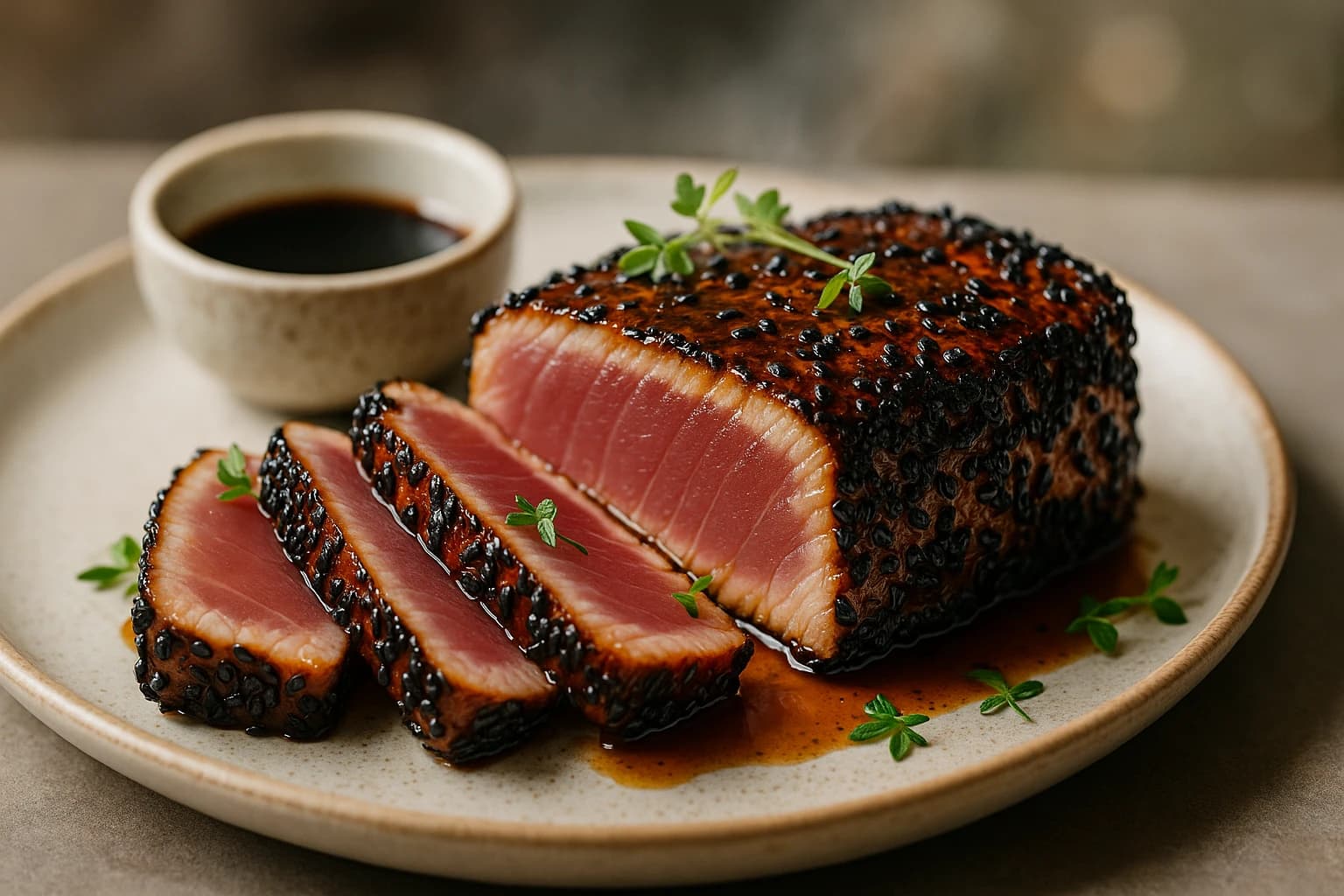 Atún a la parrilla con costra de sésamo negro y jarabe de arce