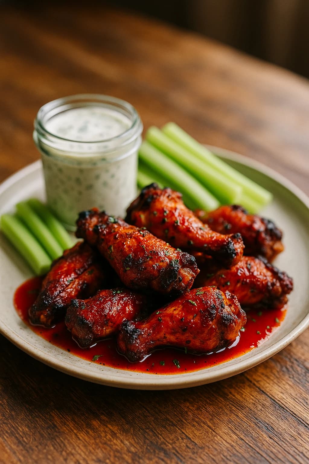 Pollo buffalo ahumado con salsa ranch casera