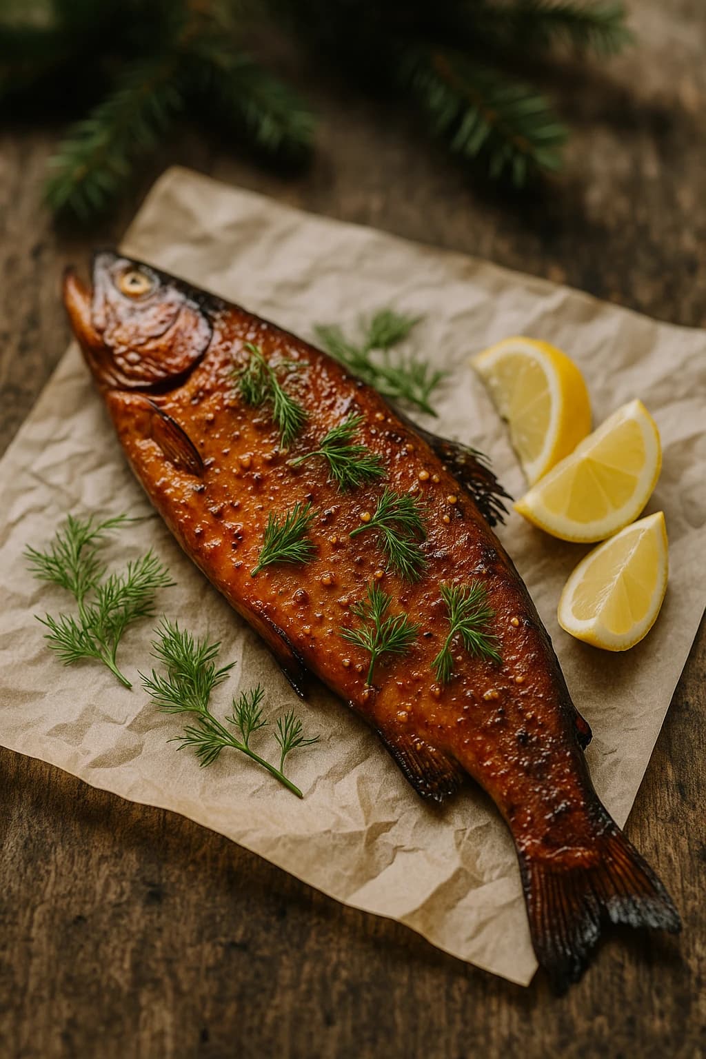 Trucha ahumada con jarabe de arce y mostaza