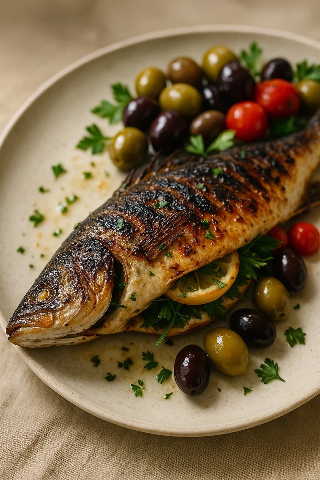 Poisson entier grillé aux herbes fraîches