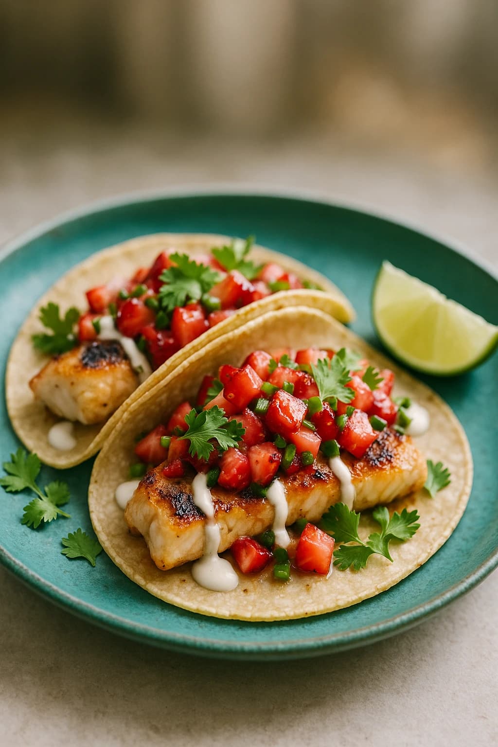 Tacos de pescado a la parrilla con salsa de fresa picante