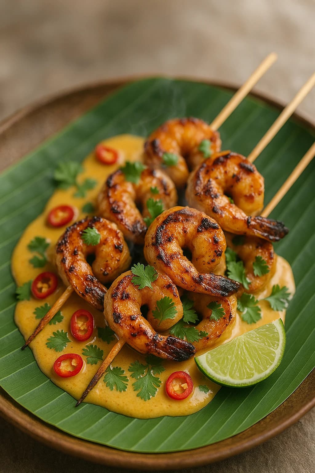 Camarones BBQ con coco y curry