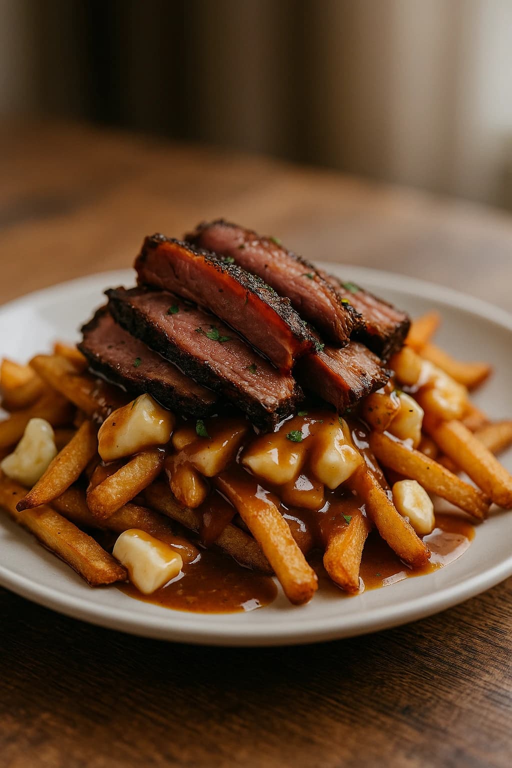 Poutine BBQ con carne ahumada y queso en grano
