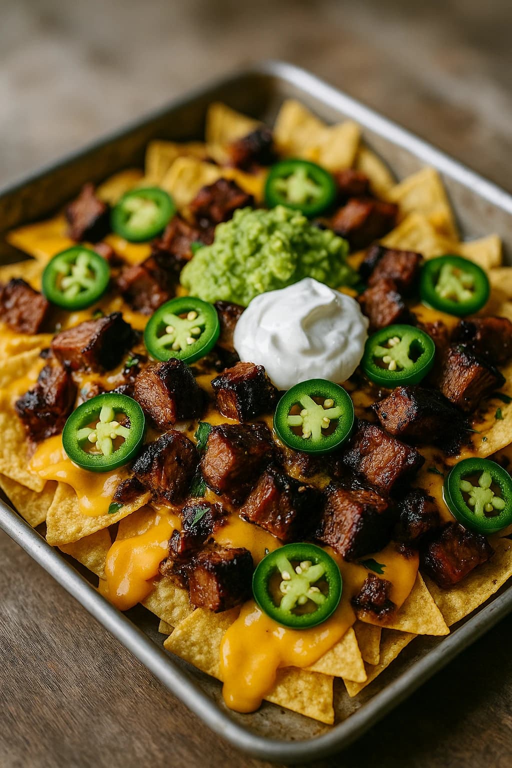 Nachos BBQ con brisket y queso fundido