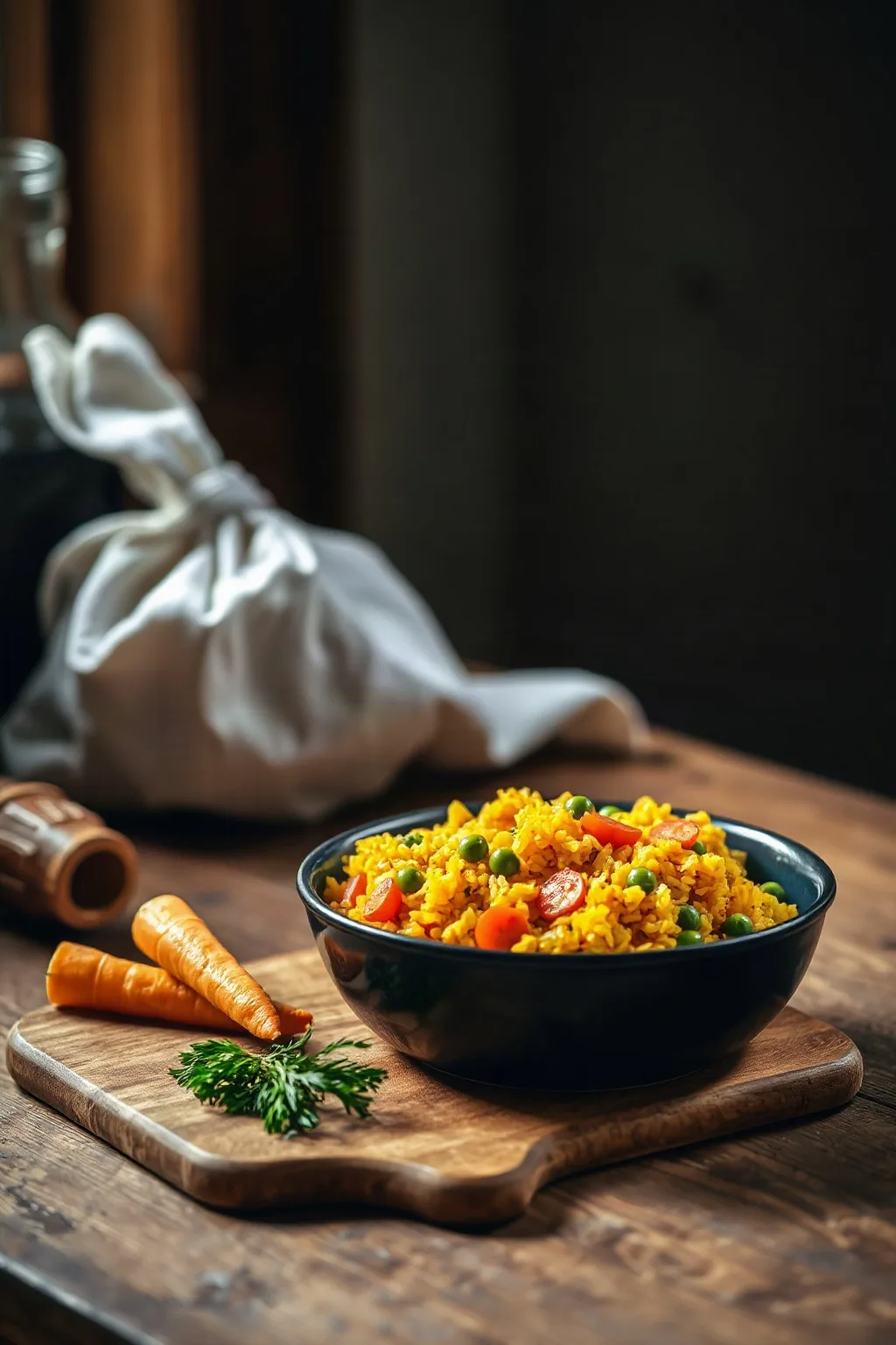 Riz au curcuma parfumé avec pois et carottes