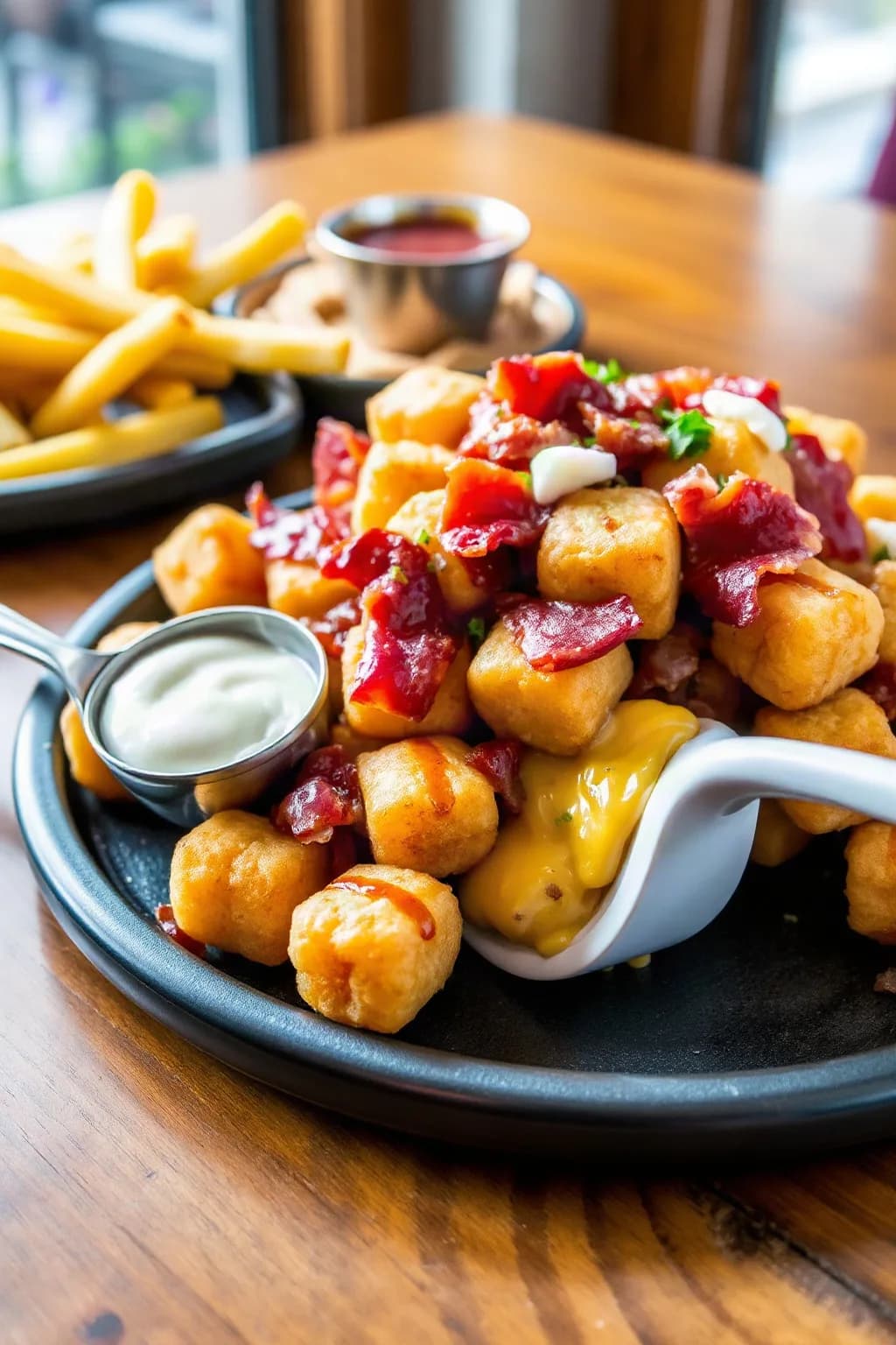 Poutine de Tater Tots con Queso, Tocino y Jamón