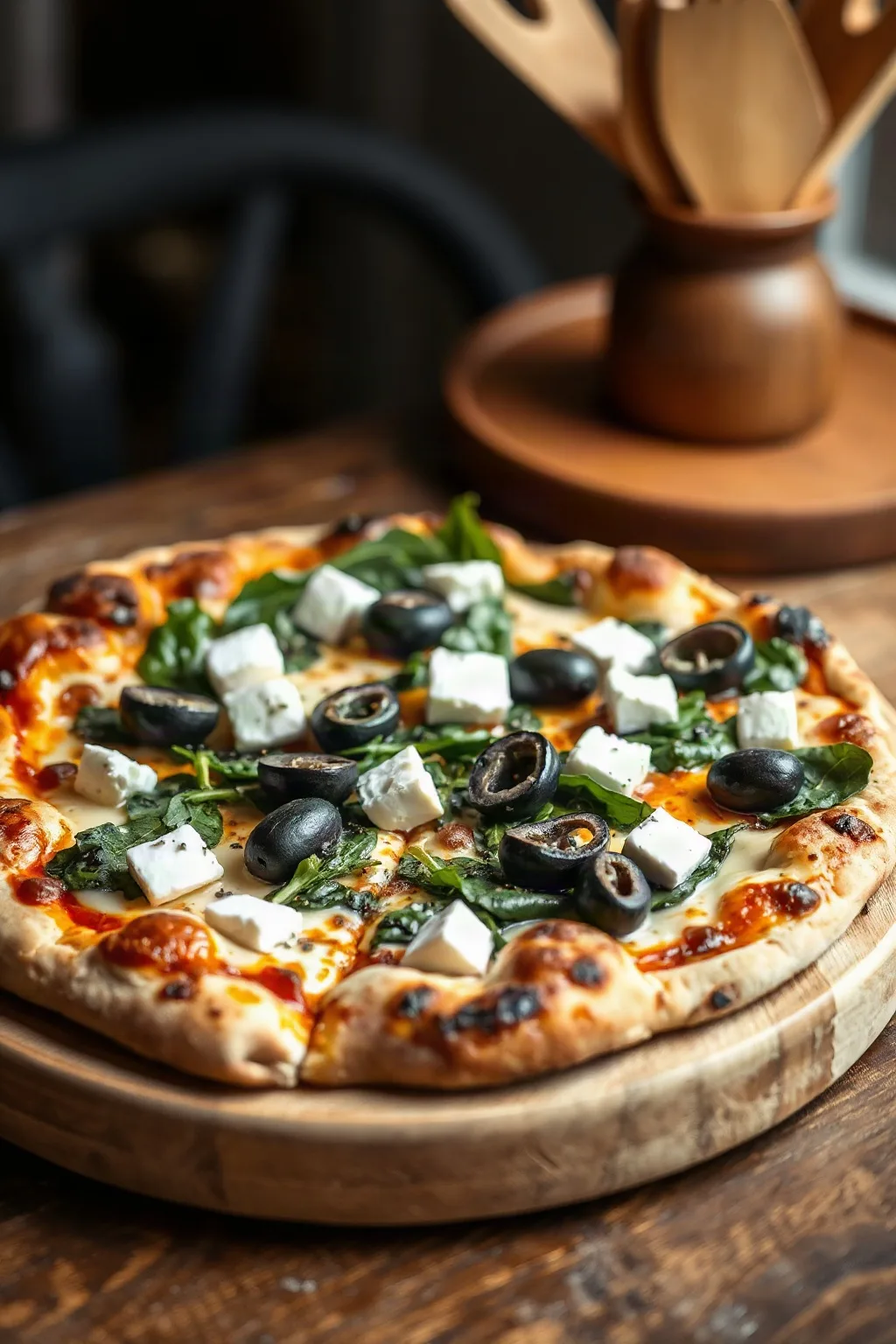 Pizza grecque aux épinards, feta et olives