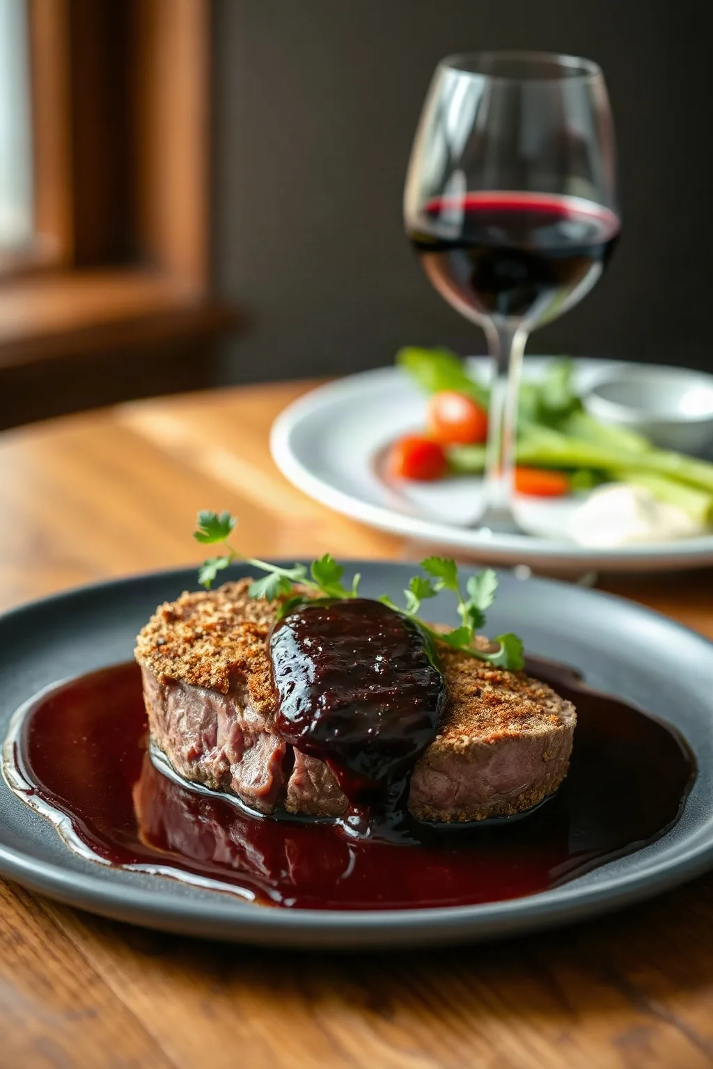 Filete Mignon con Costra de Queso Azul y Salsa de Vino Oporto