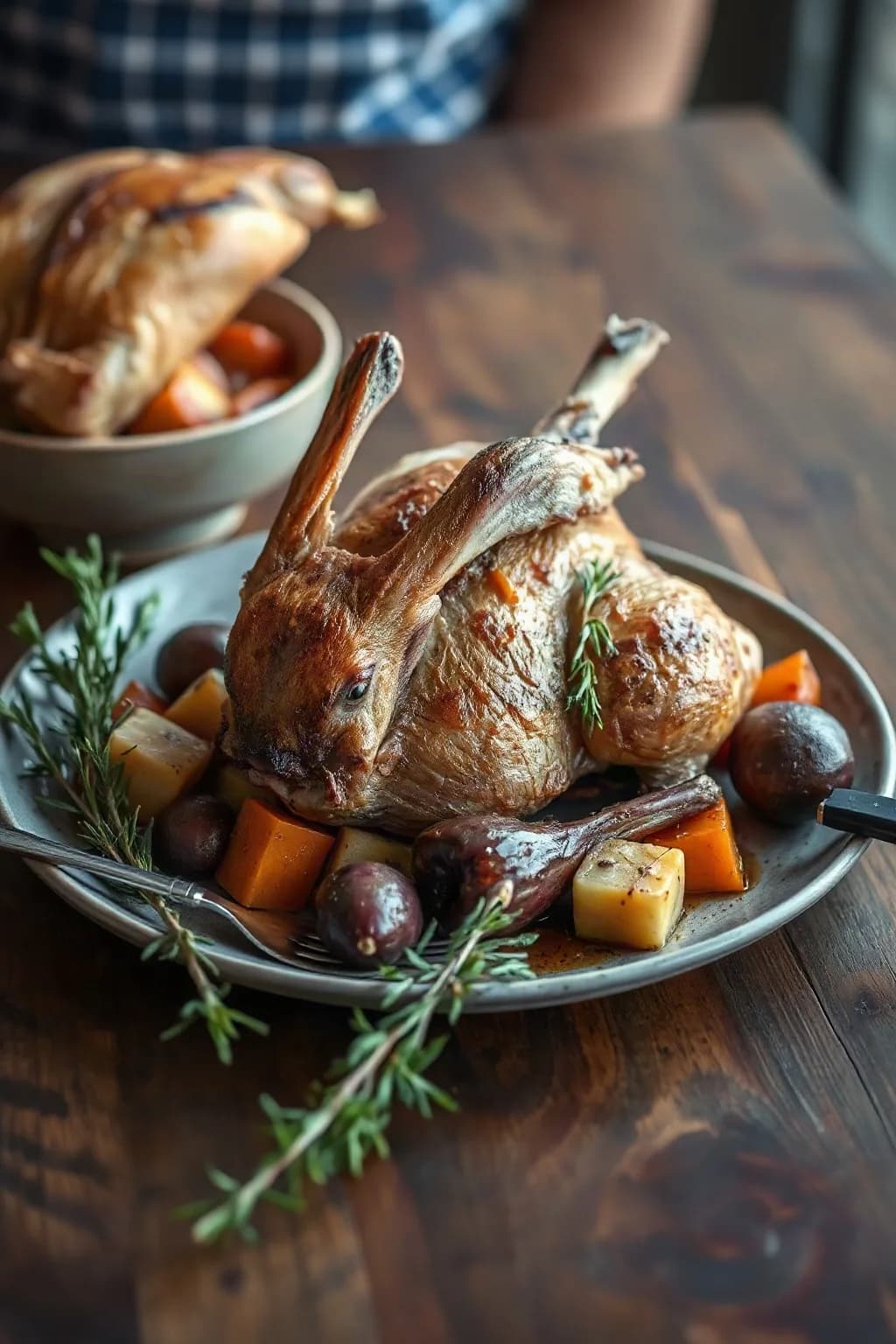 Lapin rôti lentement avec légumes-racines