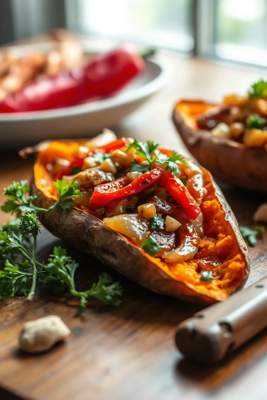 Baked Sweet Potato with Onions and Red Peppers
