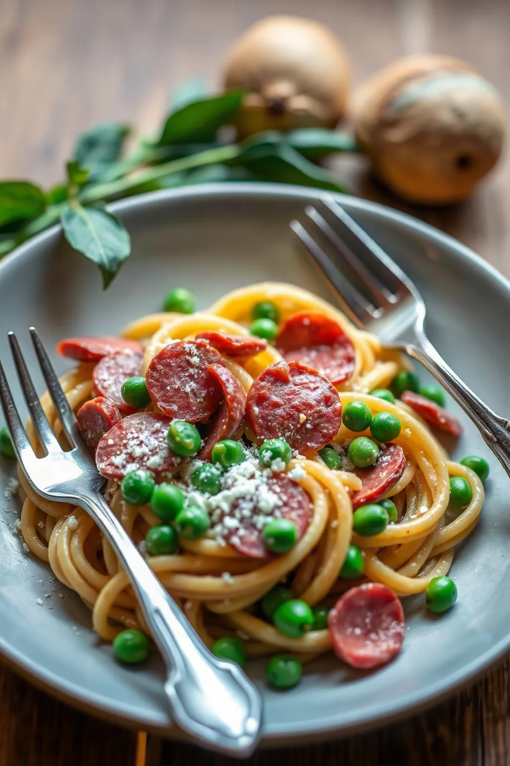Pâtes au salami et pois