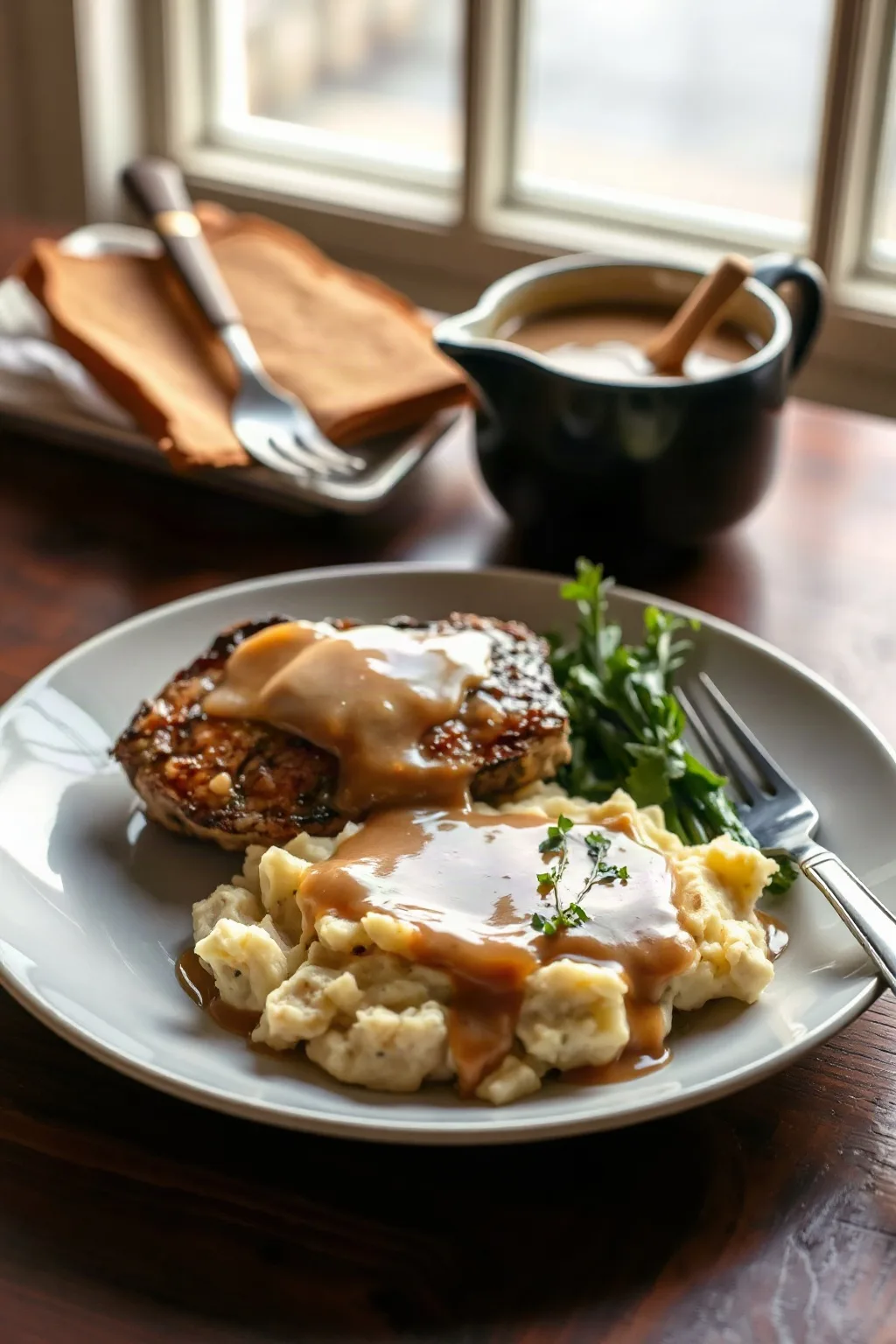 Côtelettes de porc avec purée aux oignons et sauce au cidre
