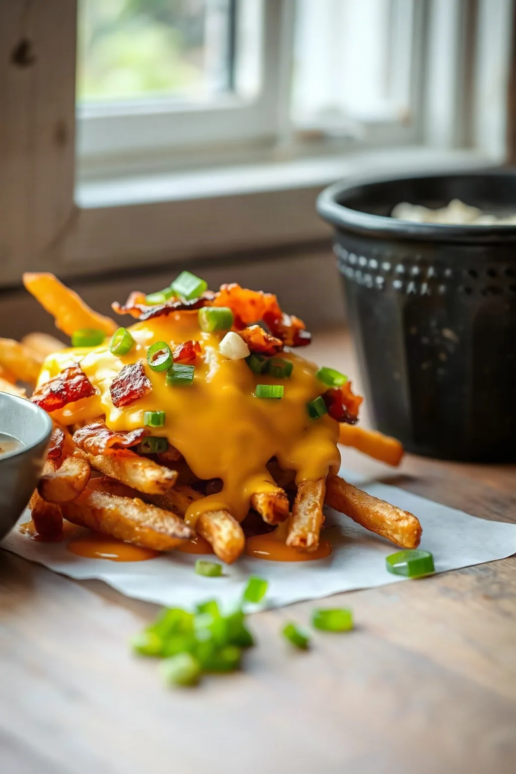 Papas Fritas con Queso, Tocino y Cebollín