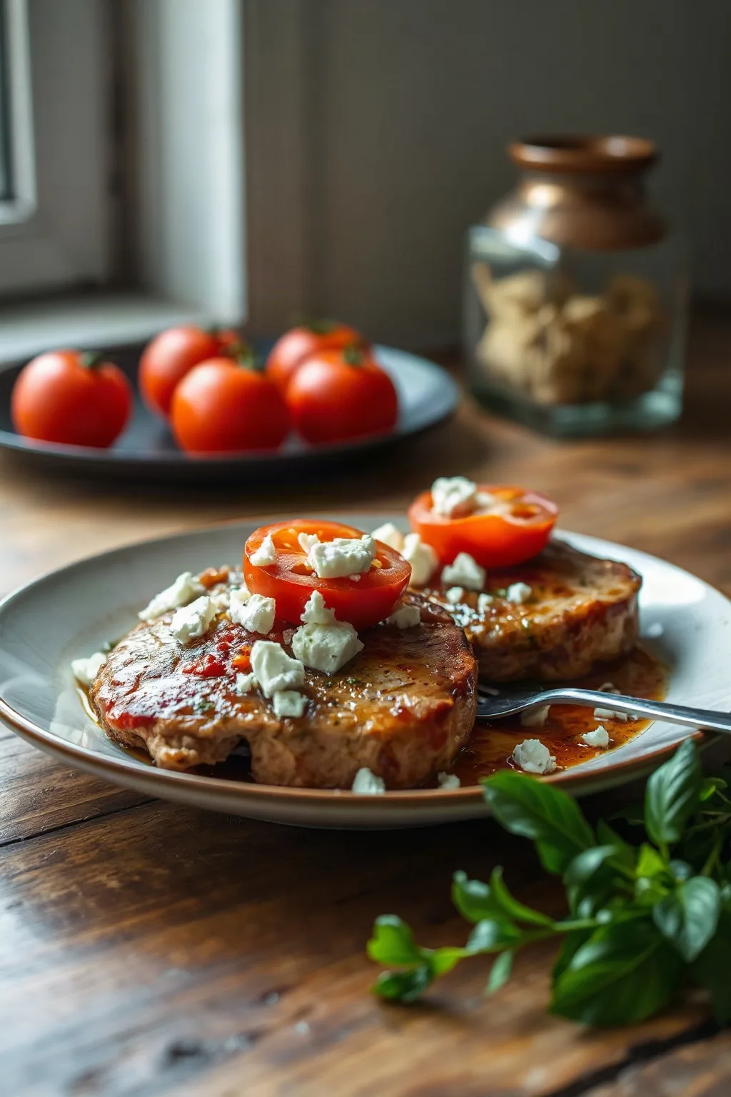 Chuletas de Cerdo con Tomate, Cebolla, Ajo y Queso Feta