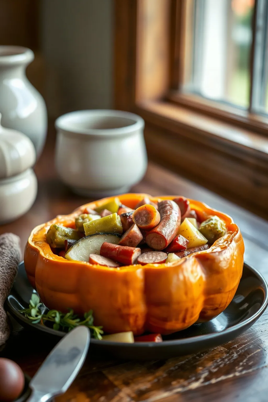 Cinderella Pumpkin Bowl with Vegetables and Sausage