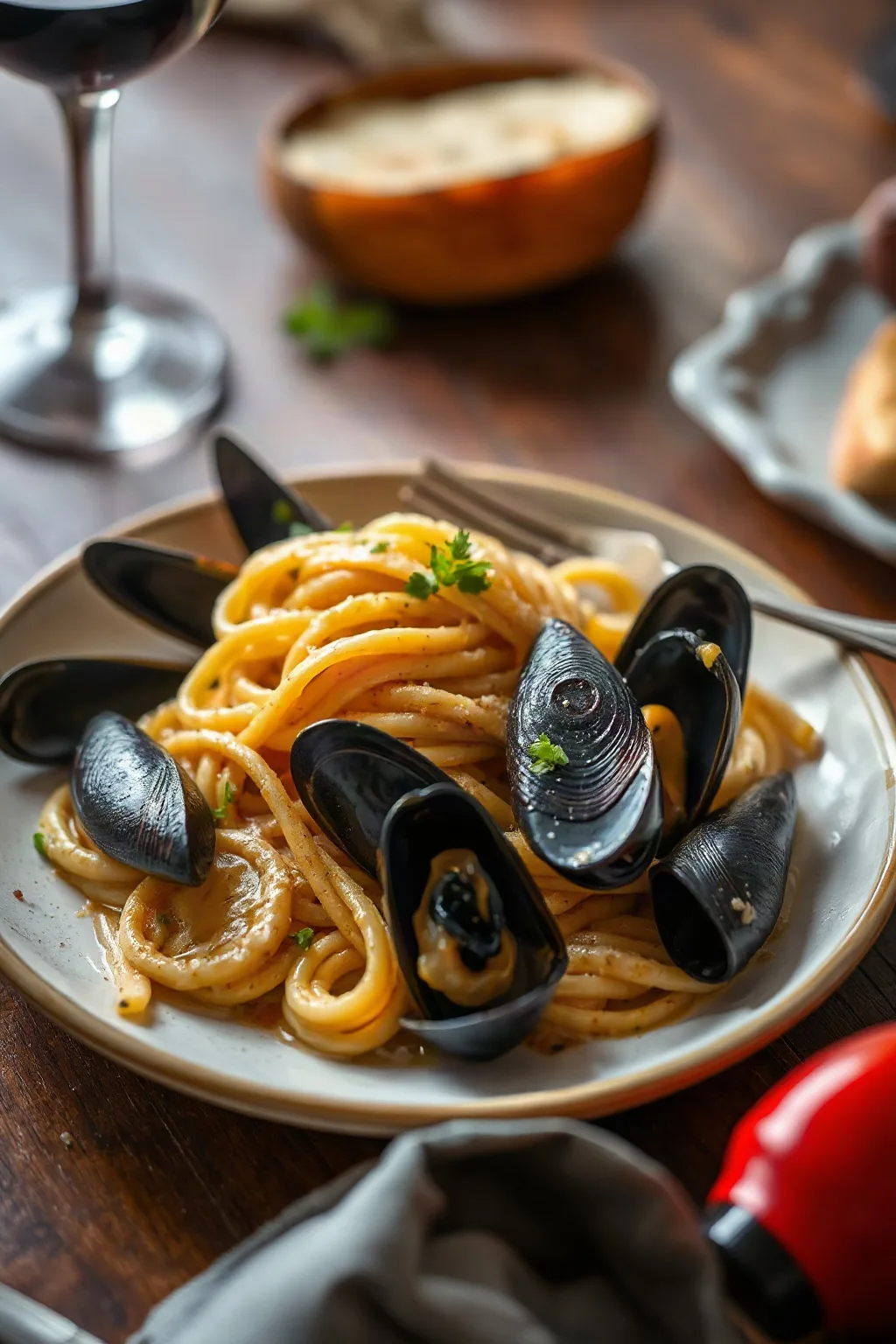Moules et pâtes avec sauce crémeuse au vin