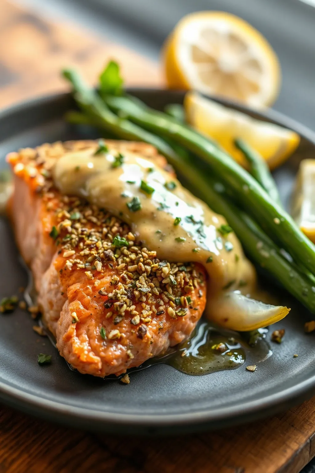 Saumon en Croûte de Pistaches avec Sauce Citron Herbes