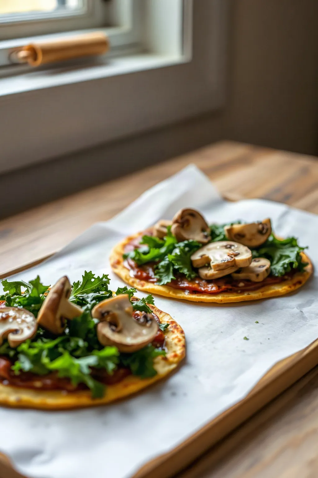 Pizzas de Tortilla con Champiñones y Kale