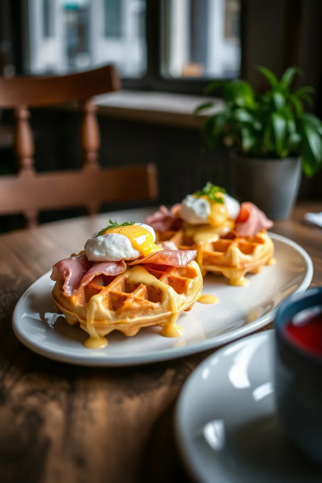 Ham and Poached Egg Waffles with Béarnaise Sauce