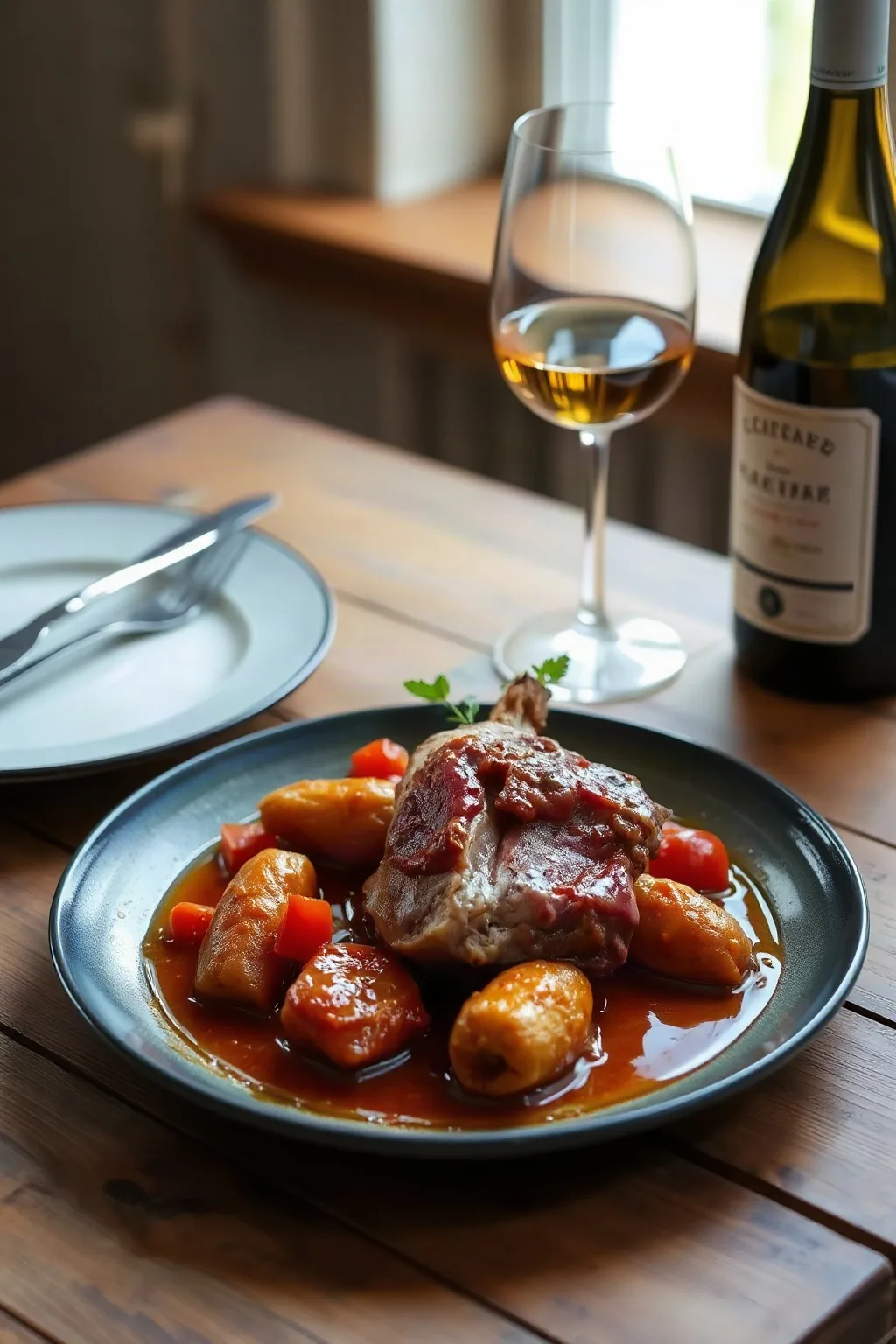 Paleta de Lechón Lechero Estofada con Tomate y Vino Blanco
