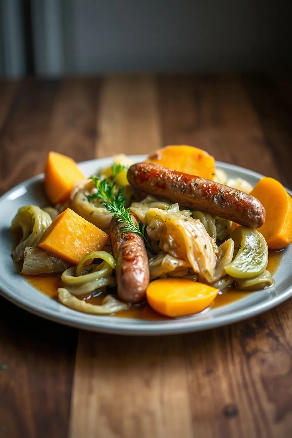 Braised Cabbage with Sausages and Sweet Potatoes