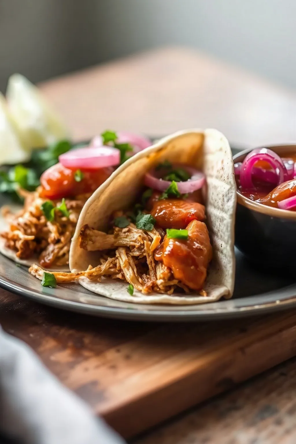 Tacos au poulet effiloché avec sauce chipotle