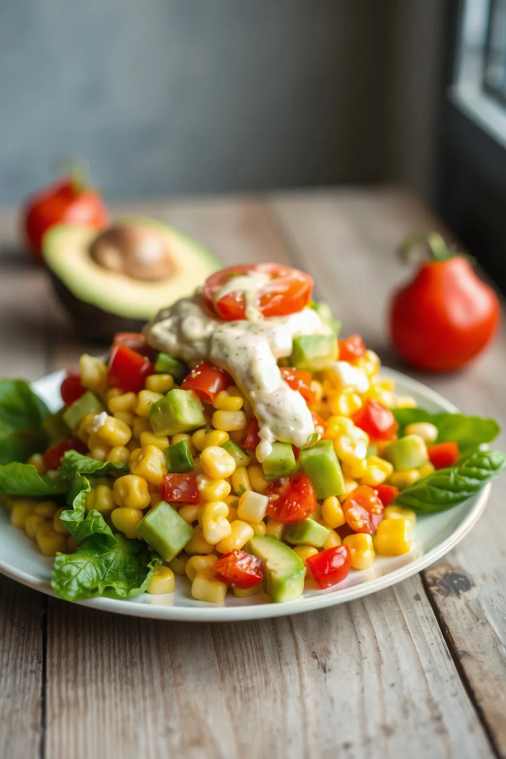 Salade de maïs, avocat et tomate avec vinaigrette piquante