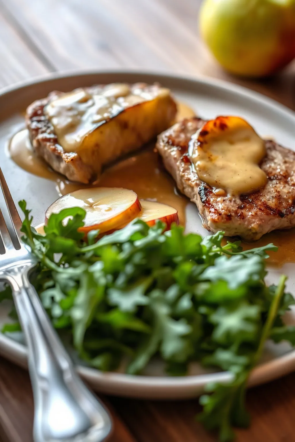 Pork Chops with Apple Mustard Sauce and Arugula Salad