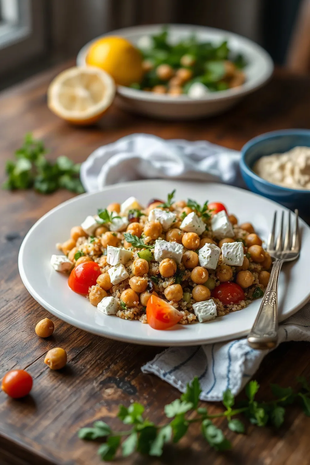Salade de quinoa aux herbes et citron avec feta et pois chiches
