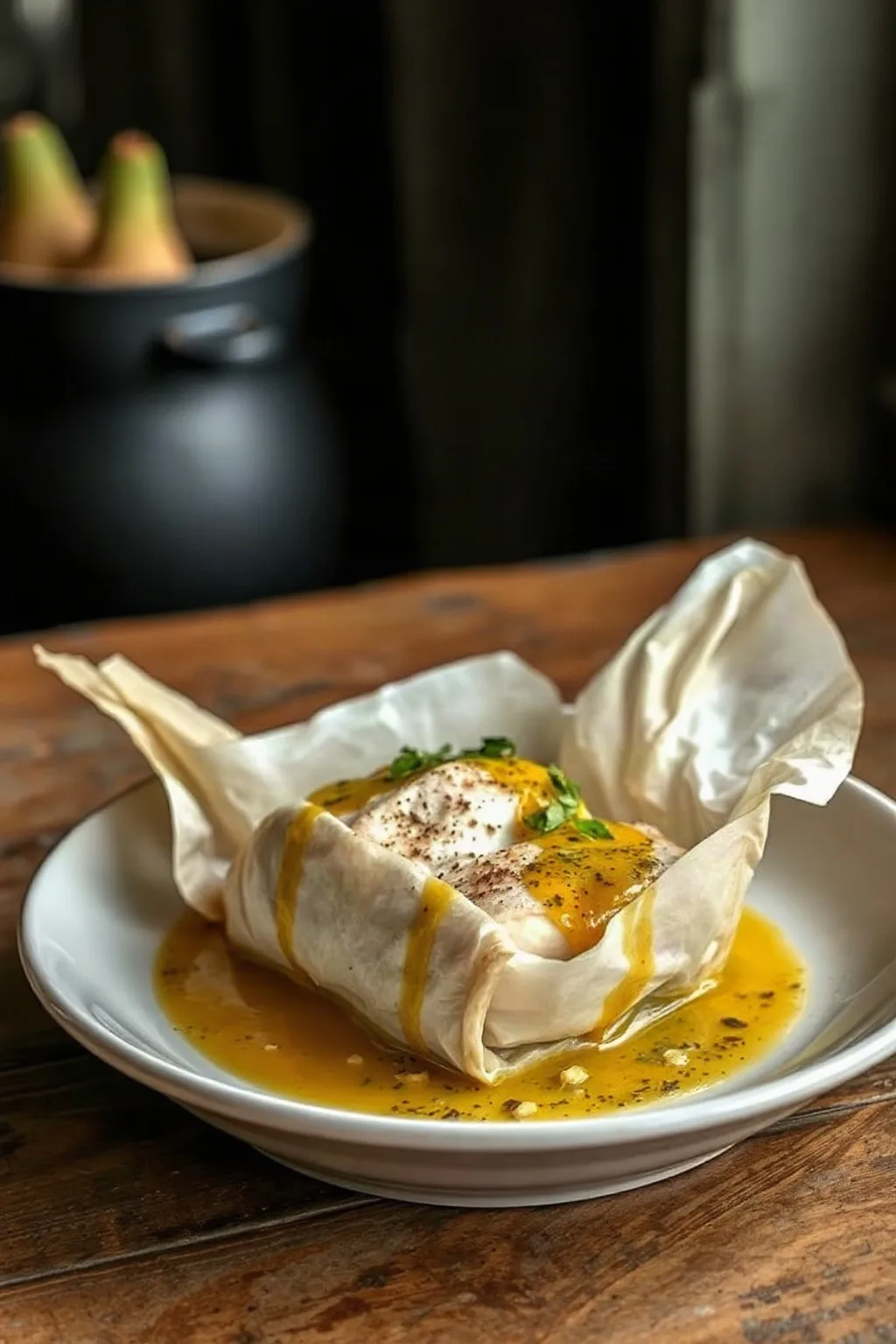 Papillotes de poisson et vinaigrette au cari