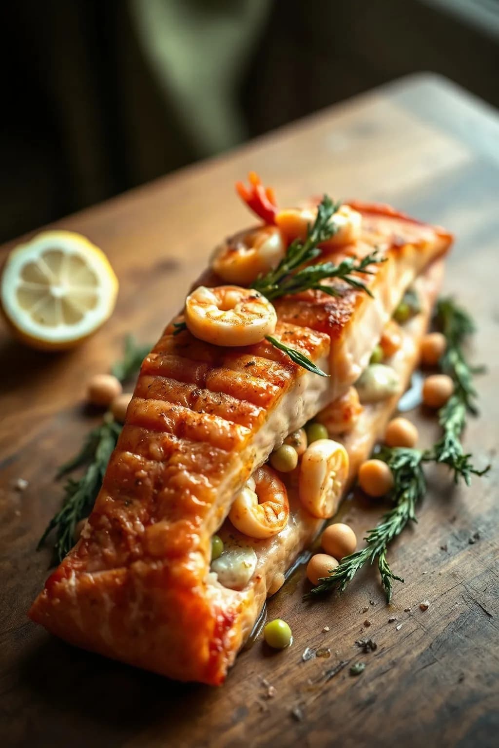 Cold Stuffed Salmon Roast with Shrimp and Vegetables
