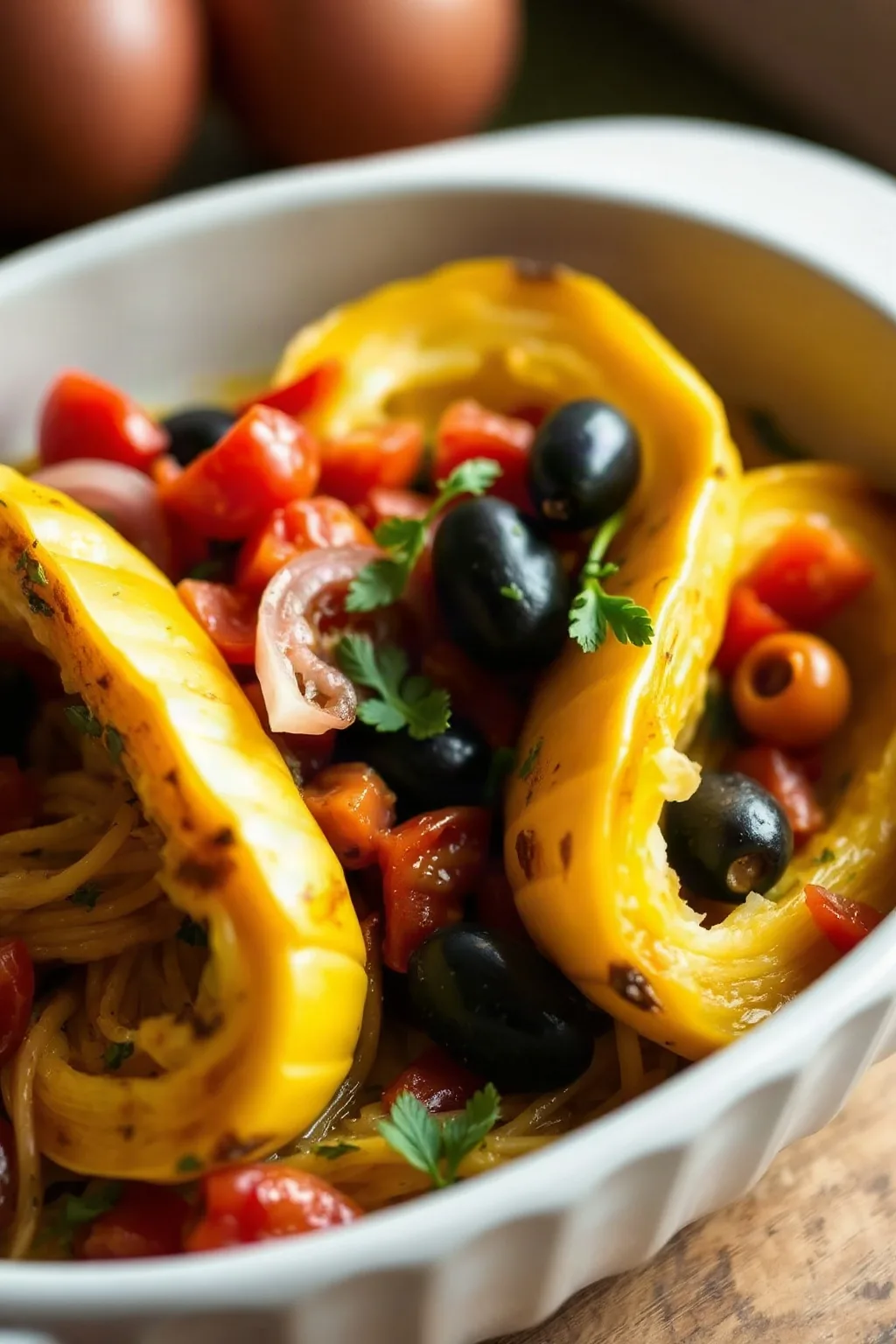 Courge spaghetti aux oignons, tomates et olives