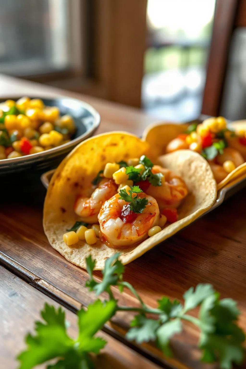 Tacos aux crevettes salsa de maïs et de coriandre
