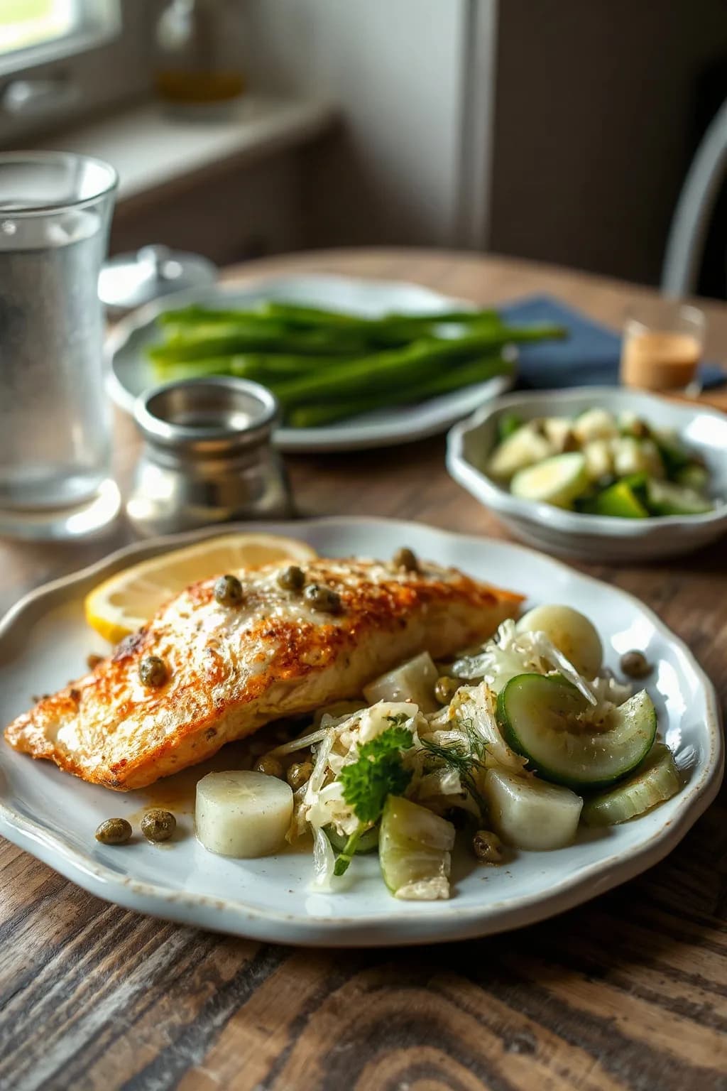 Baked Haddock with Lemon and Capers, Fennel & Cucumber Salad