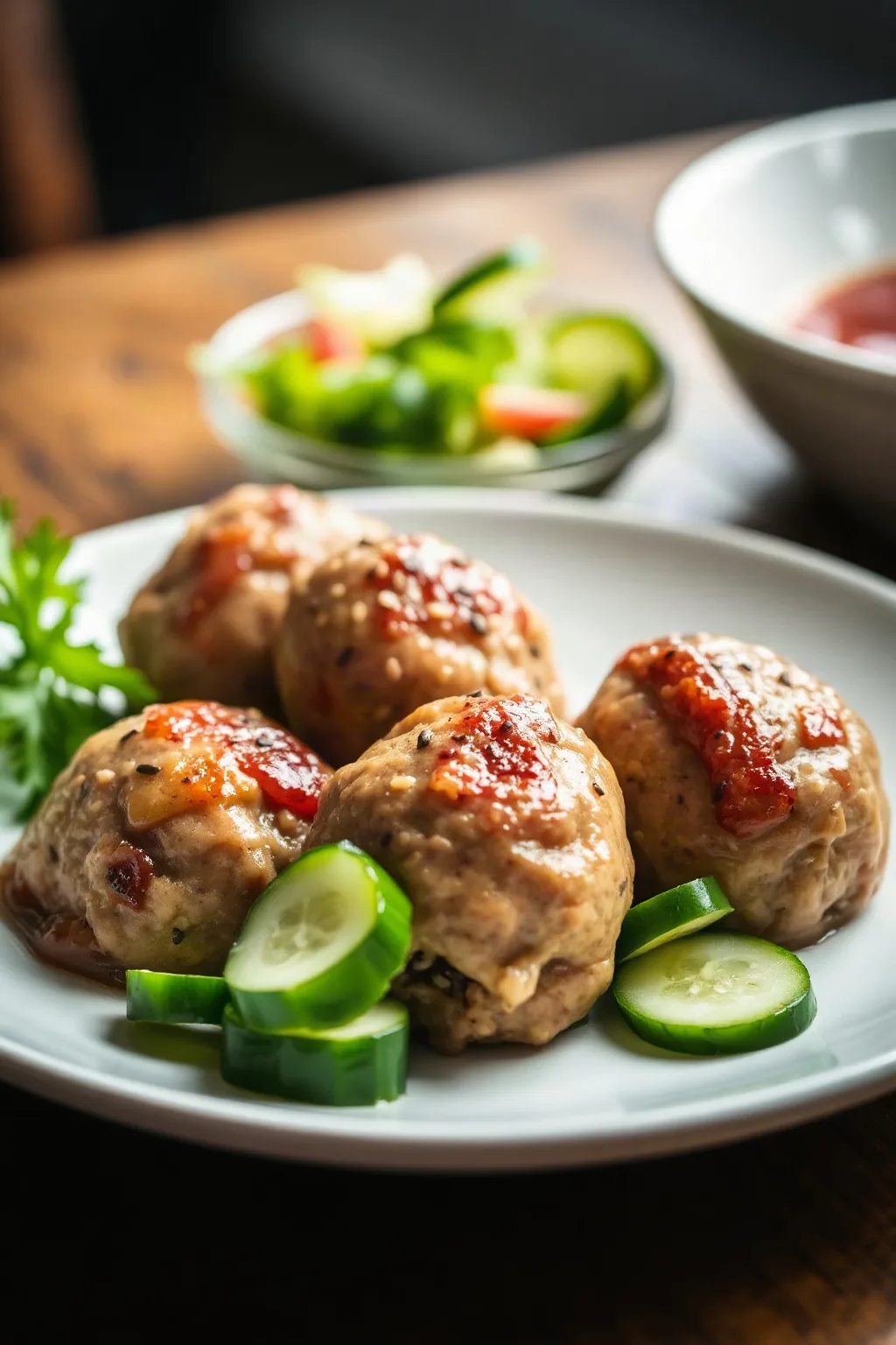 Sesame Pork Meatballs with Cucumber Salad