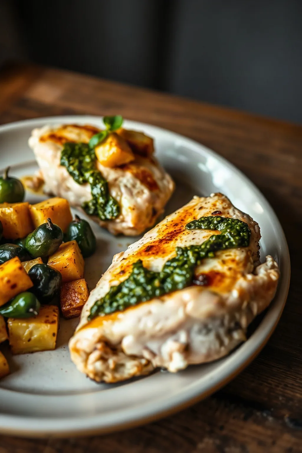 Pesto Marinated Chicken Breasts with Roasted Vegetables