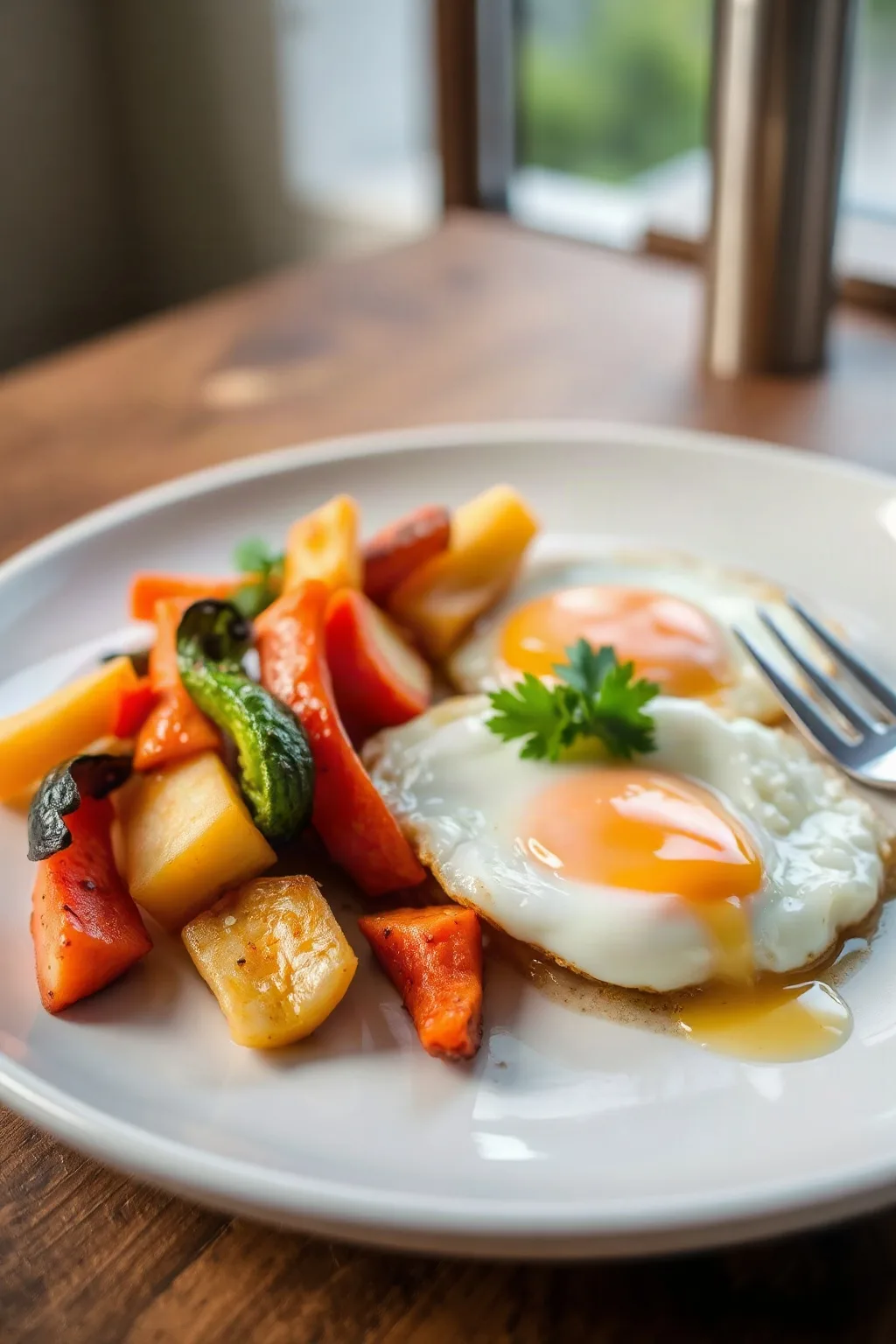 Fried Eggs with Grilled Sesame Vegetables