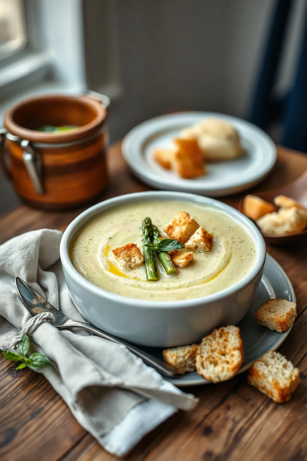 Asparagus Cream Soup with Basil and Cottage Cheese Croutons