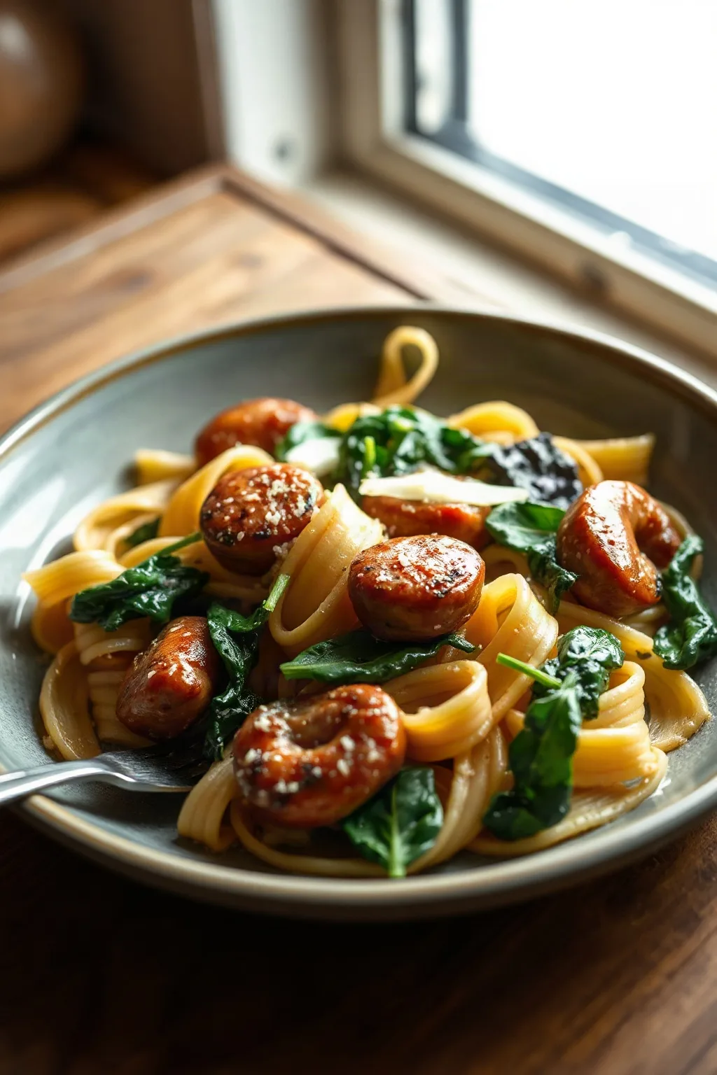 Pasta with Sausages, Leeks, and Spinach