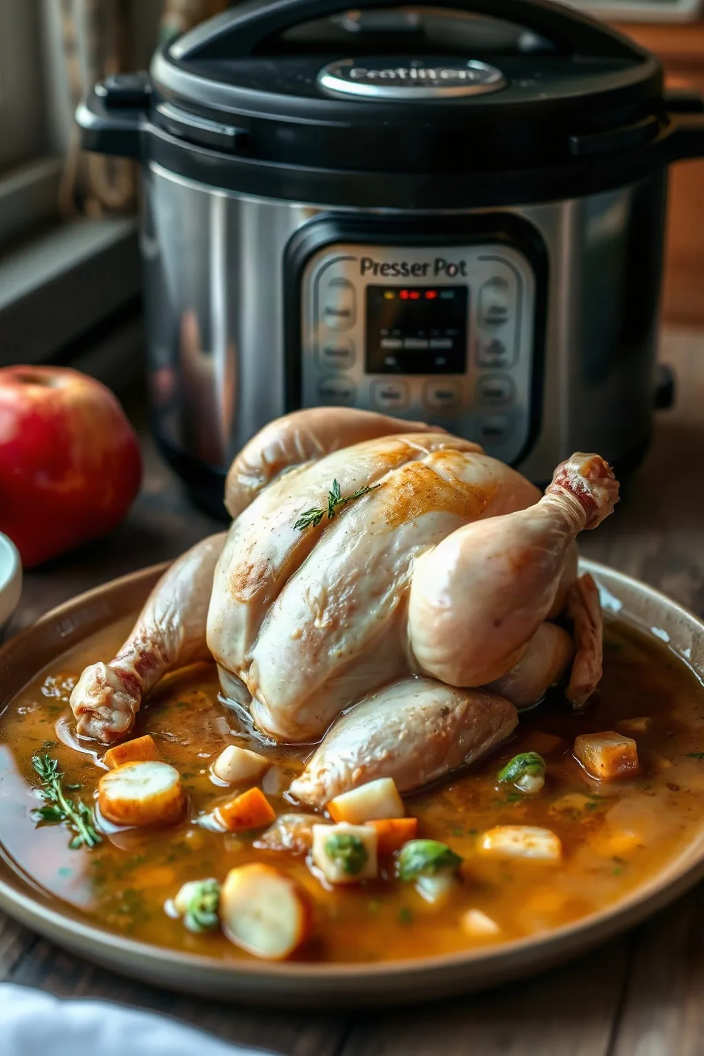 Pressure Cooker Whole Poached Chicken & Broth