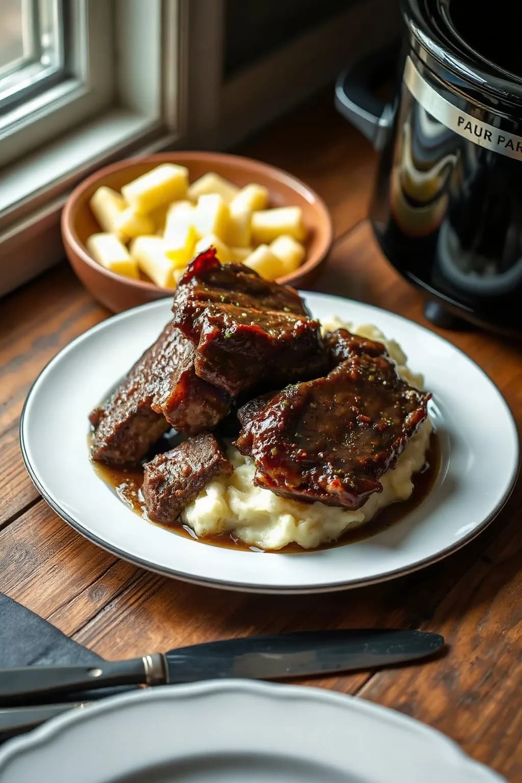 Slow Cooker Beef Ribs with Sour Cream Mashed Potatoes
