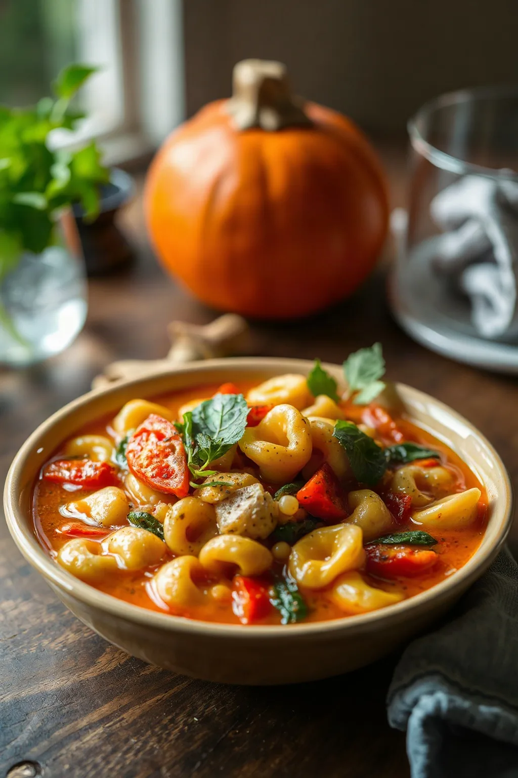 Soupe repas aux tortellinis et aux légumes