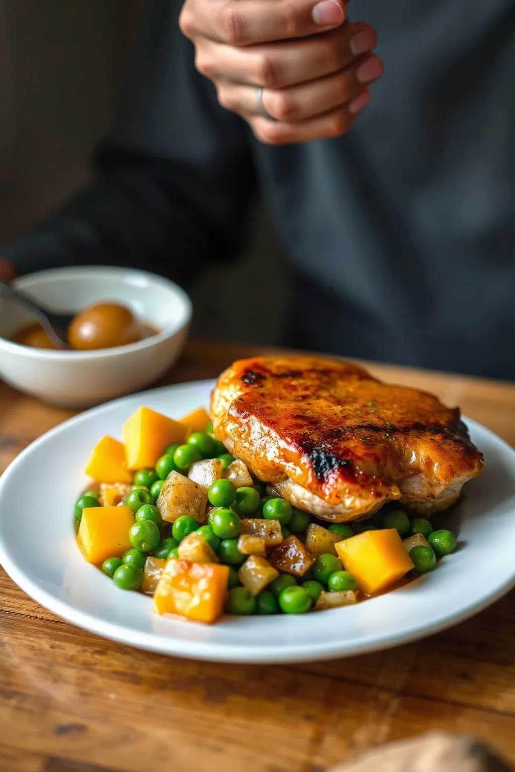 Sweet and Sour Pork Chops with Peas, Cucumber and Mango