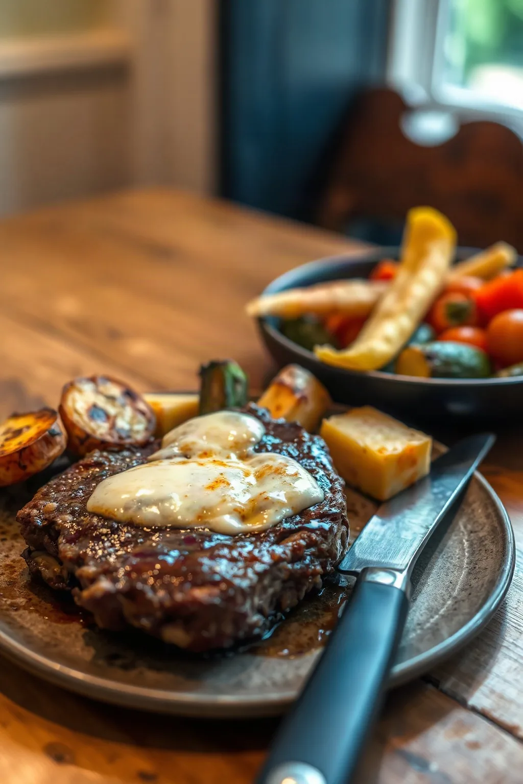 Bavette de boeuf gratinée et légumes rôtis