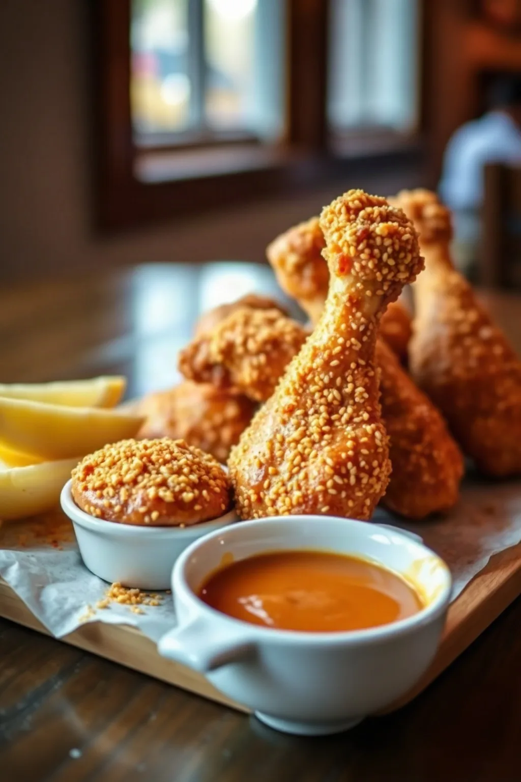 Crispy Sesame Chicken Drumsticks with Spicy Lemon Sauce