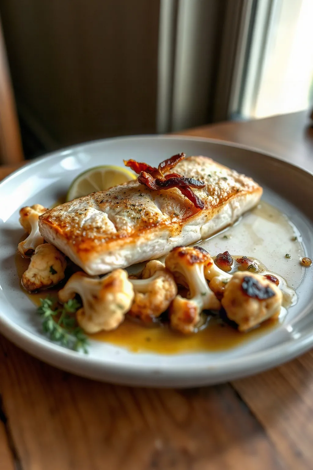 Pan-Seared Trout with Cauliflower and Herb Bacon Vinaigrette