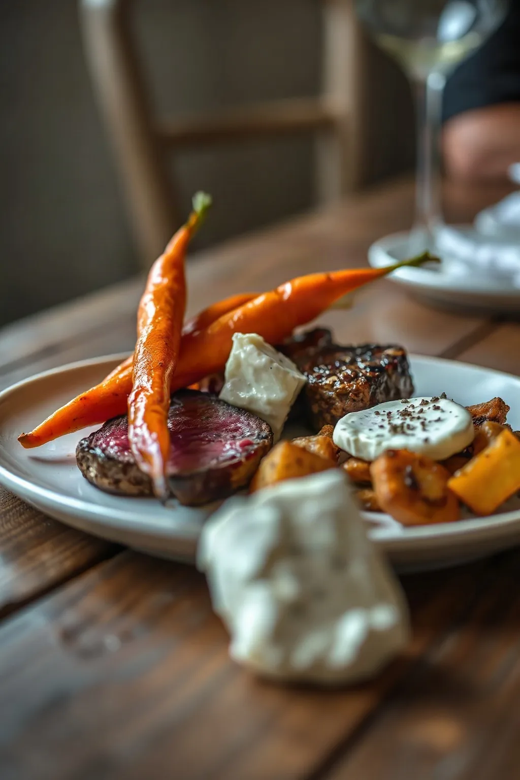 Sous Vide Bavette with Grilled Carrots and Herbed Cheese