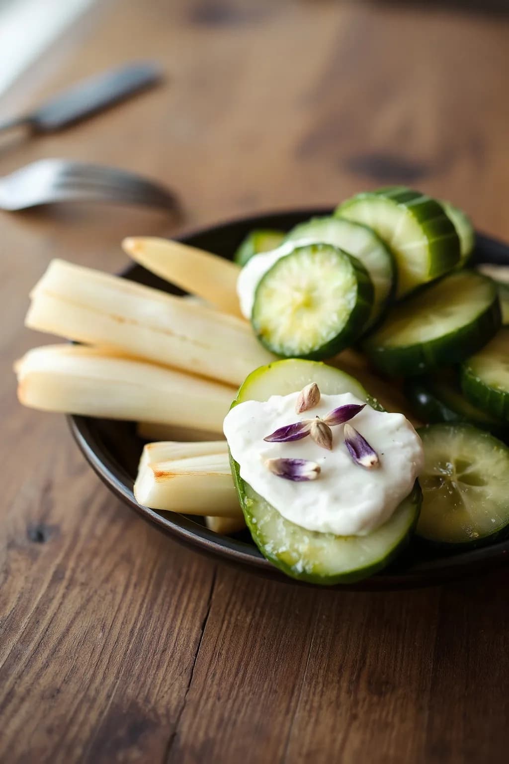 Turnips and Cucumbers with Garlic Blossom Labneh