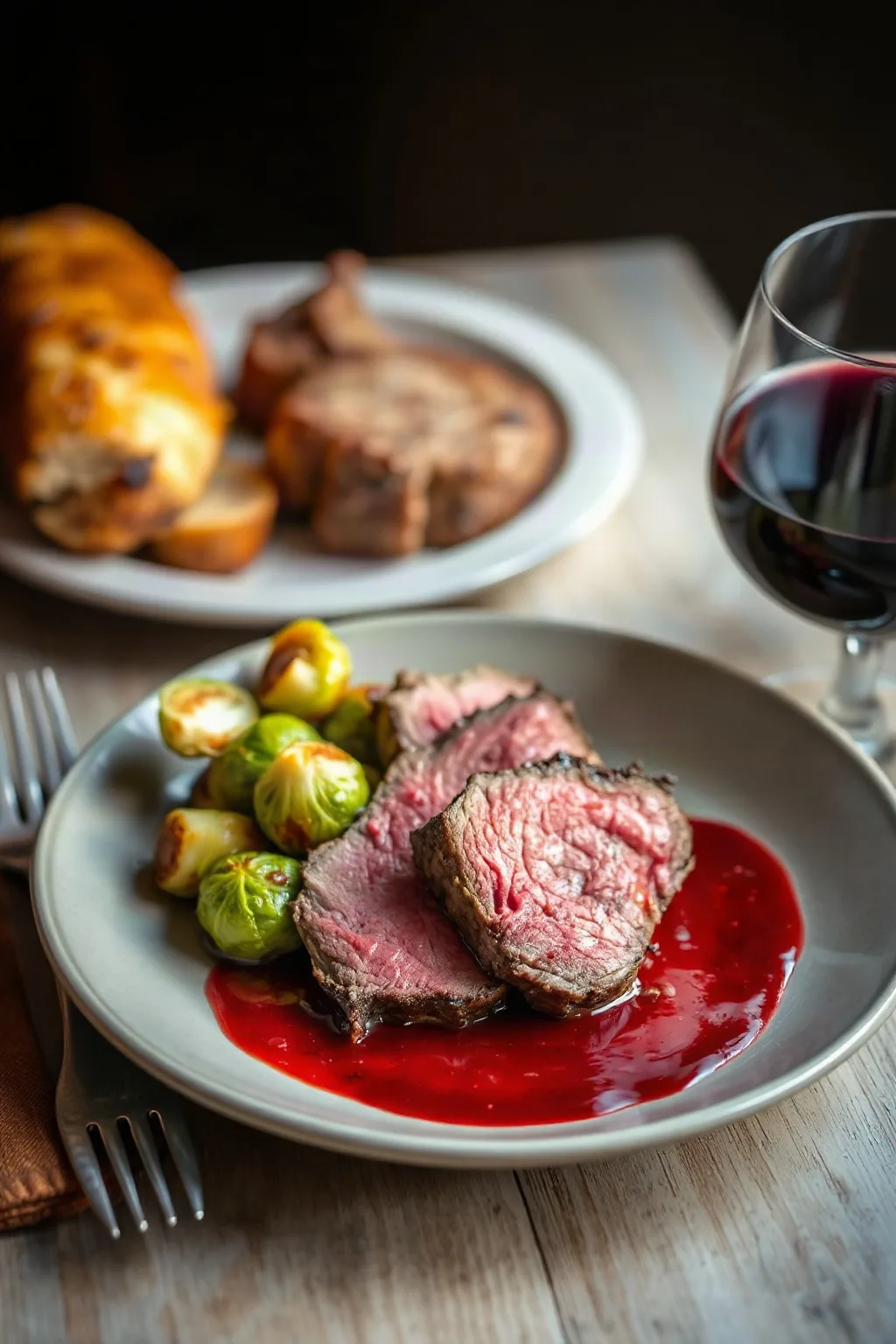 Spiced Roast Beef with Brussels Sprouts and Red Wine Sauce