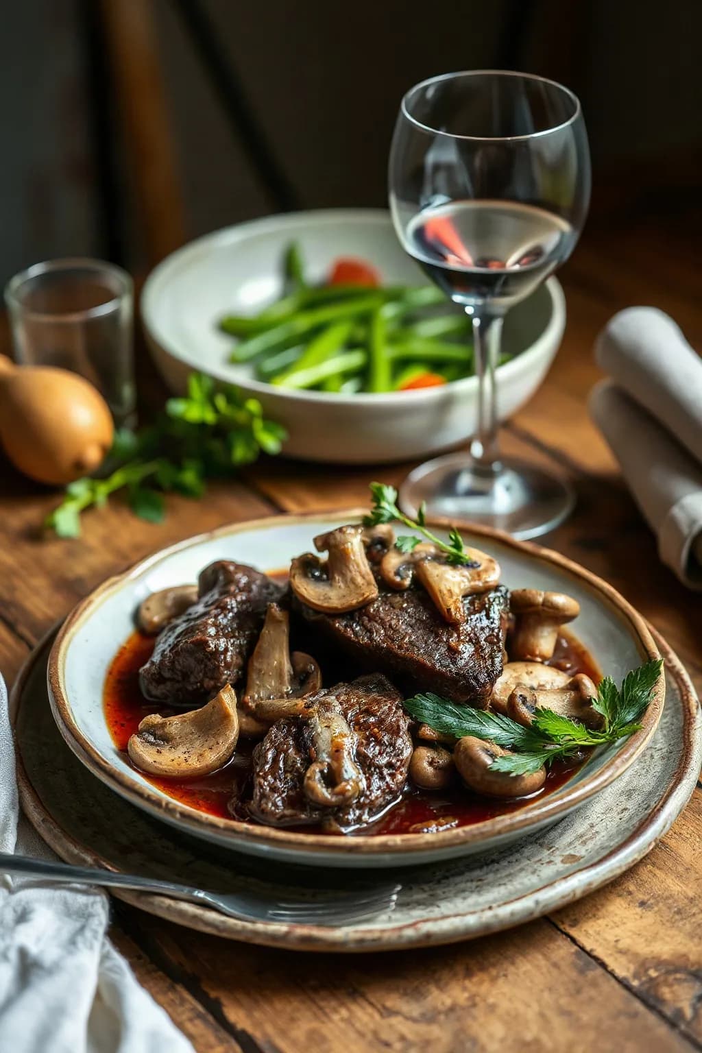 Braised Beef with Red Wine and Mushrooms